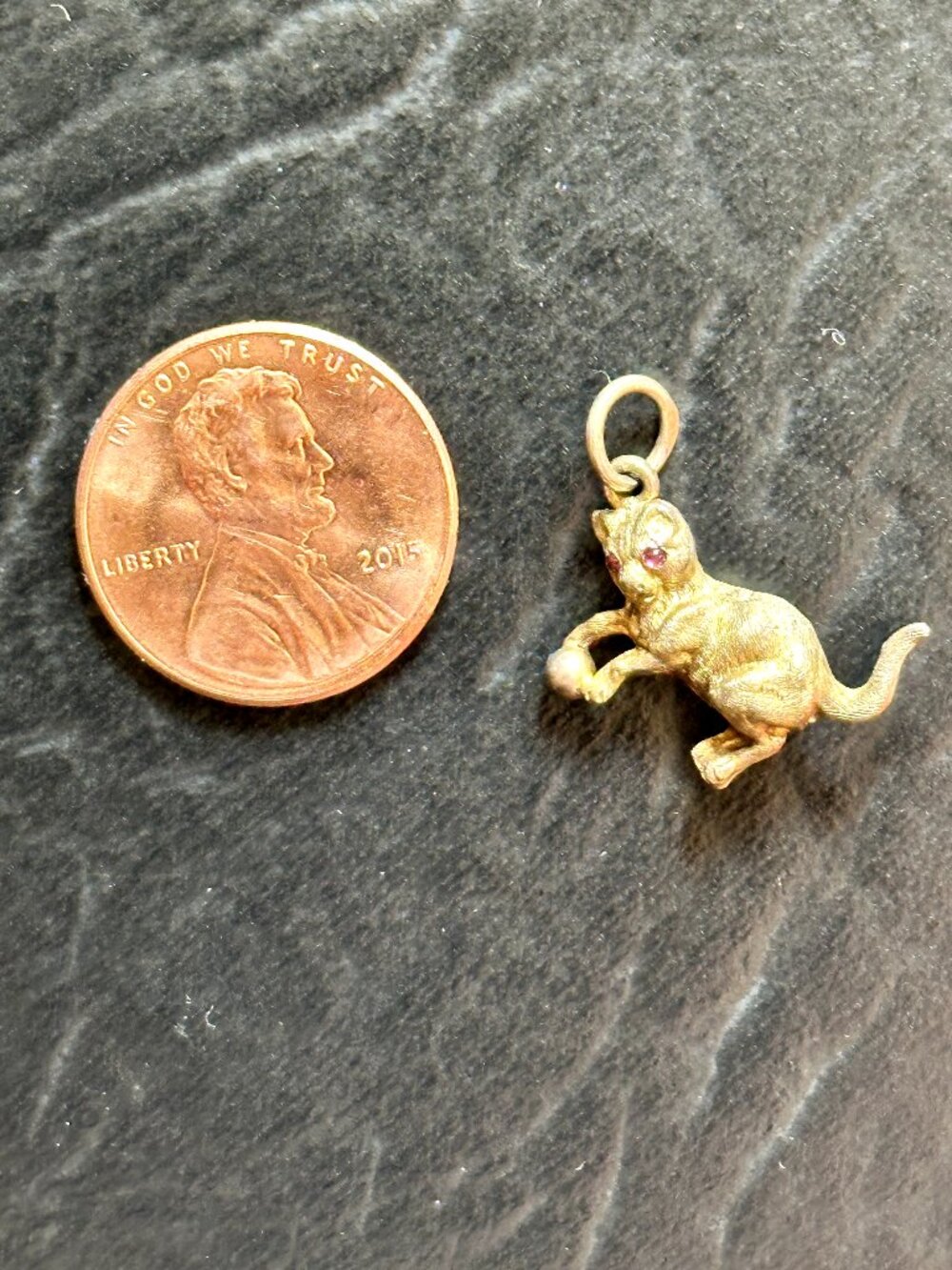 Vintage Metal Cat with Pink Eyes and Ball Charm Pendant